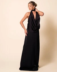 Vestido de Festa Longo Cetim Fluido Frente Única Mil Formas Degagê Preto