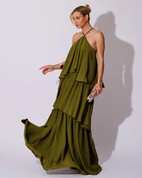 Vestido Longo Babado em Camadas Verde Oliva New