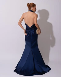 Vestido de Festa Longo em Cetim Alfaiataria com Elastano Frente Única Azul Marinho