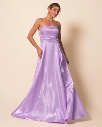 Vestido de Festa Longo Cetim Cristal Tomara que Caia Detalhe Lilás