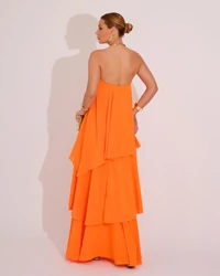Vestido de Festa Longo Tomara que Caia em Camadas Laranja