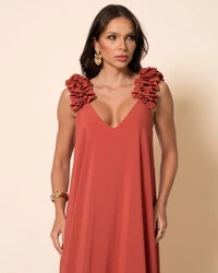 Vestido de Festa Longo Crepe Chiffon Fluido Decote em V Flores Terracota