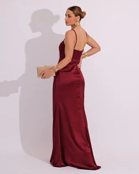 Vestido de Festa Longo Cetim Alfaiataria Fenda Drapeada Marsala