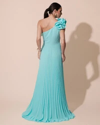 Vestido de Festa um Ombro Só Flor Saia Plissado Tiffany