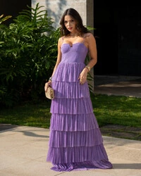 Vestido de Festa Longo Tule Glitter com Camadas Lilás
