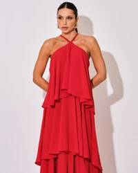 Vestido Longo Babado em Camadas Vermelho