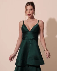 Vestido de Festa Longo Zibeline em Camadas Decote em V com Alças Verde Escuro