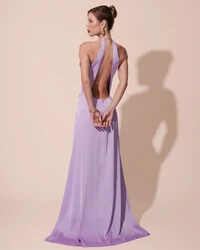 Vestido de Festa Longo Cetim Fluido com Argola Frente Única Lilás