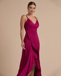 Vestido Midi Babado Acetinado Beterraba