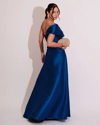 Vestido de Festa longo Faixa Ombro e Fenda Zibeline Azul Royal