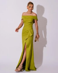 Vestido de Festa Longo Ombro a Ombro com Fenda em Alfaiataria Verde Pistache