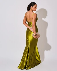 Vestido de Festa Longo Malha Cetim Busto Drapeado Saia Sereia Verde Oliva