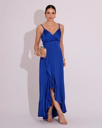 Vestido Midi Babado Acetinado Azul Royal