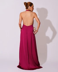 Vestido de Festa Longo Frente Única Degagê Cetim Fluido Cereja