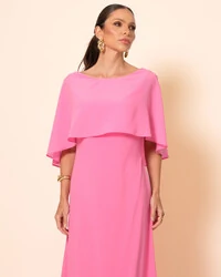 Vestido de Festa Longo Crepe Chiffon com Capa e Degagê nas Costas Rosa