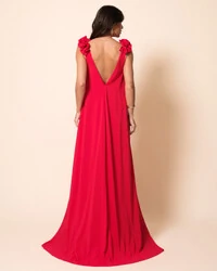 Vestido de Festa Longo Crepe Chiffon Fluido Decote em V Flores Vermelho