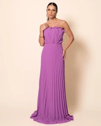 Vestido de Festa Longo Tomara que Caia Plissado Detalhe Fúcsia