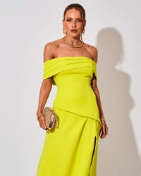 Vestido de Festa Longo Alfaiataria Ombro a Ombro Drapeado com Fenda Verde Lima