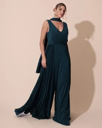 Macacão de Festa Longo Crepe Pantalona Plissado e Lenço Verde Escuro