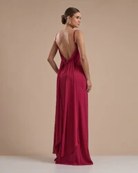 Vestido de Festa Longo Crepe Chiffon Costas Lenço Cauda Cereja