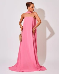 Vestido de Festa Longo Crepe Tomara que Caia com Lenço Rosa