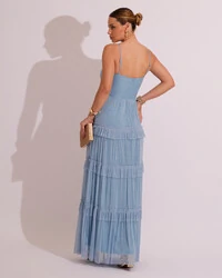 Vestido de Festa Longo Tule com Saia Babado Azul Serenity
