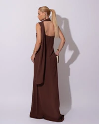 Vestido de Festa Longo Crepe Chiffon Um Ombro Só Drapeado Lenço Fixo Marrom