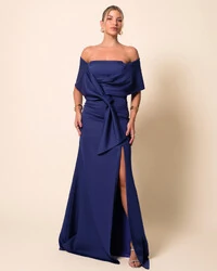 Vestido de Festa Longo Alfaiataria Ombro a Ombro Laço e Fenda Azul Marinho