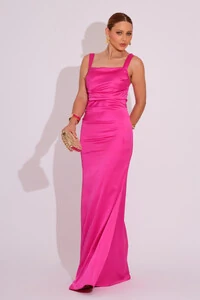 Vestido Longo de Festa Cetim Alfaiataria Drapeado Sereia Pink