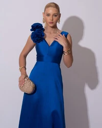 Vestido de Festa longo Zibeline Decote em V com Flores Removível Azul Royal