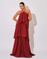 Vestido Longo Babado em Camadas Marsala Escuro
