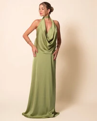 Vestido de Festa Longo Cetim Fluido Frente Única Degagê Mil Formas Verde Pistache