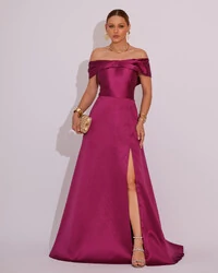 Vestido de Festa Longo Ombro a Ombro Laço Zibeline com Fenda Fúcsia