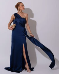 Vestido de Festa Longo Cetim Alfaiataria Tomara que Caia com Faixa Lenço Azul Marinho