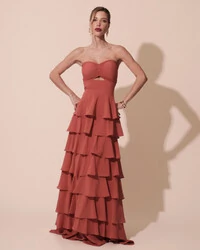 Vestido Longo Crepe Chiffon Tomara que Caia Plissado em Camadas Terracota