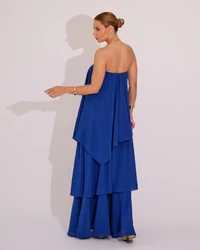 Vestido de Festa Longo Tomara que Caia em Camadas Azul Royal
