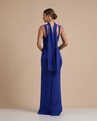 Vestido de Festa Longo Alfaiataria Alça Larga e Lenço Azul Royal