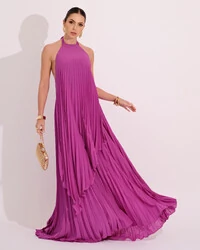 Vestidos de Festa Longo Chiffon Fluido Frente Única Plissado Duplo Fúcsia