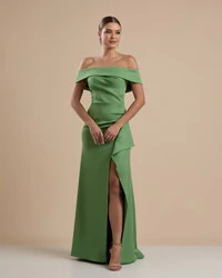 Vestido de Festa Longo Ombro a Ombro com Fenda em Alfaiataria Verde Matcha