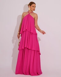 Vestido Longo Babado em Camadas Pink