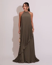 Vestidos de Festa Longo Chiffon Fluido Frente Única Plissado Duplo Verde Oliva