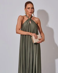 Vestido Longo com Amarração em Malha Verde Oliva