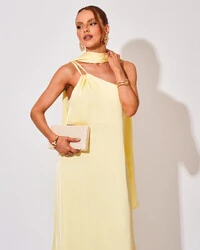 Vestido de Festa Longo em Cetim Fluido um Ombro Só Amarelo Manteiga