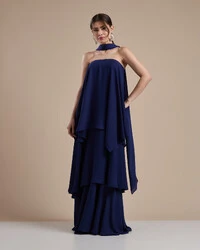 Vestido de Festa Longo Chiffon Crepe em Camadas com Lenço Azul Marinho