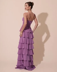 Vestido Longo Crepe Chiffon Tomara que Caia Plissado em Camadas Fúcsia