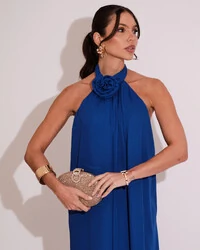 Vestido Longo Crepe Chiffon Frente Única Fluido Flor Removível Azul Royal