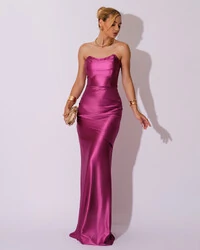 Vestido de Festa longo Cetim Malha Metálico Tomara que Caia Detalhe Drapeado Fúcsia