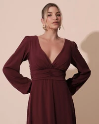 Vestido de Festa Manga Longa com Cintura Drapeada Decote V Marsala