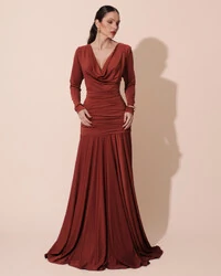 Vestido de Festa Longo Malha Degagê Drapeado Manga Longa Terracota