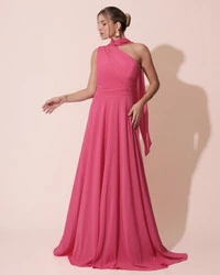 Vestido de Festa Longo Crepe Chiffon Um Ombro Só Drapeado com Lenço Pink New